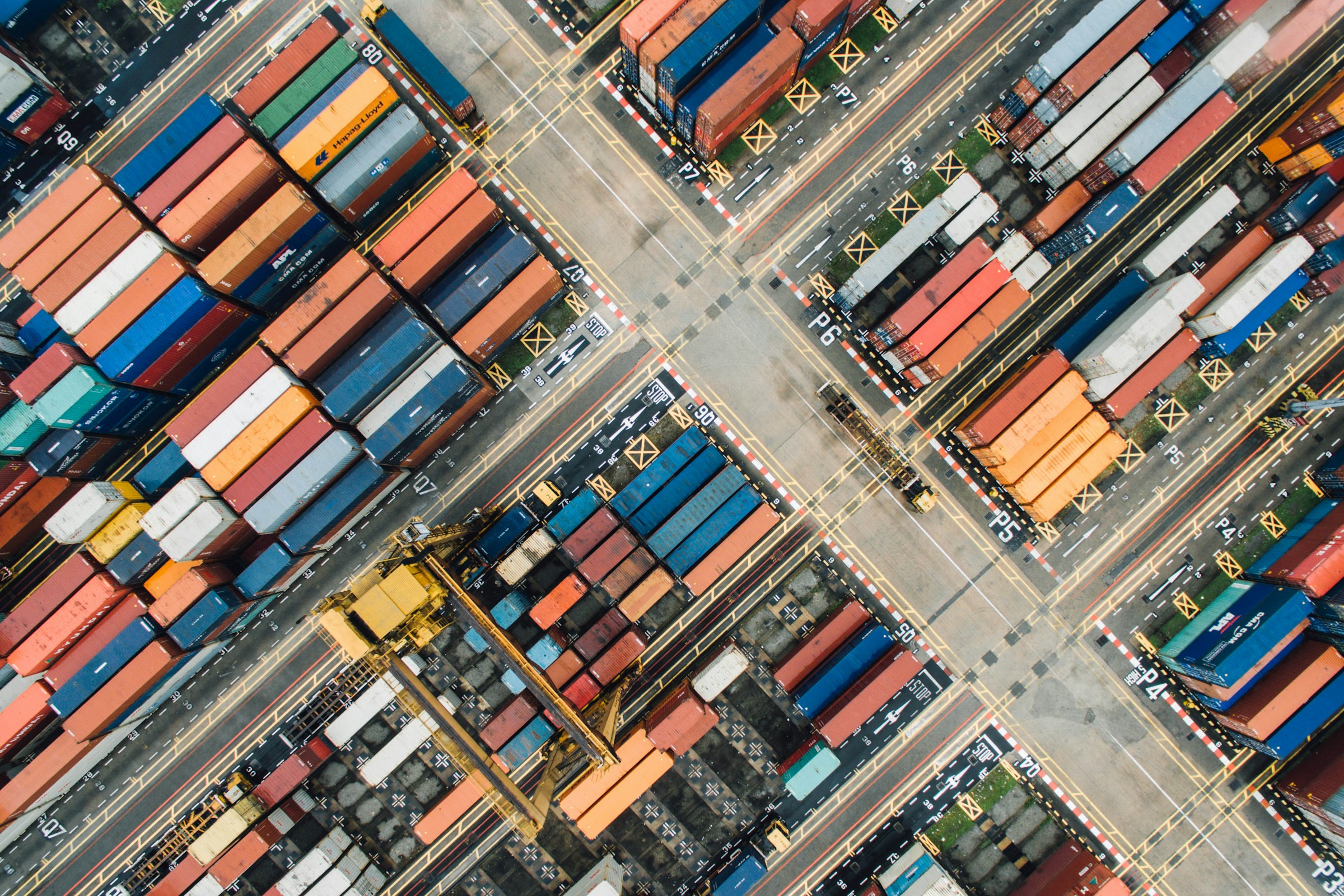 Aerial view of containers at a freight terminal